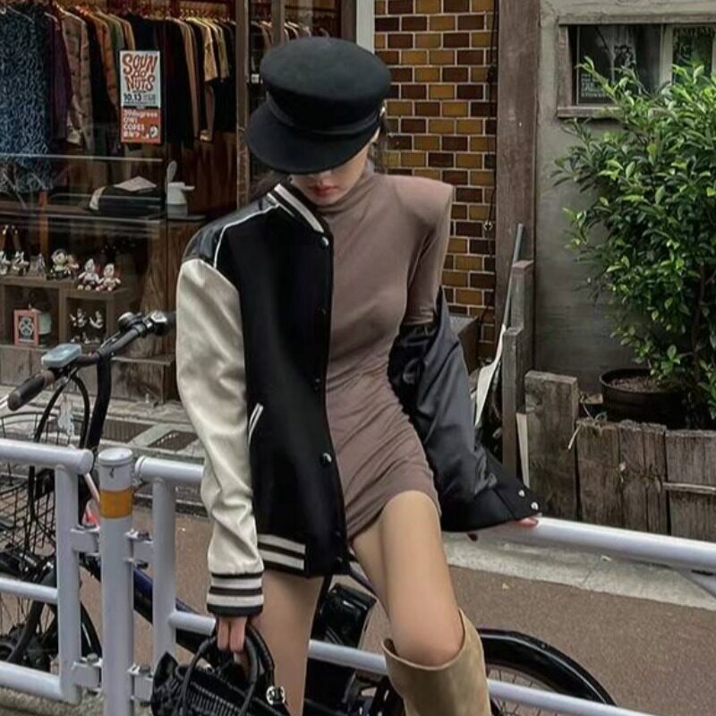 欧美半高领垫肩百搭打底衫女纯色包臀中长款内搭长袖修身显瘦上衣