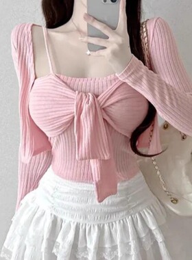 2026春季新款气质系带蝴蝶结修身吊带背心+长袖短款小开衫两件套