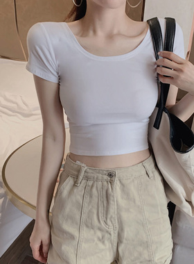 白色辣妹短款两面U领上衣夏装露脐短袖t恤法式紧身弹性纯棉打底衫