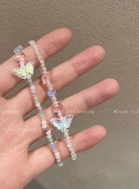 彩色串珠亚力蝴蝶手链女夏ins小众设计简约百搭手绳可调节手饰