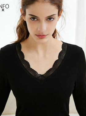 COSINFO保暖内衣女长袖低领蕾丝打底衫 修身薄款秋衣发热保暖衣女