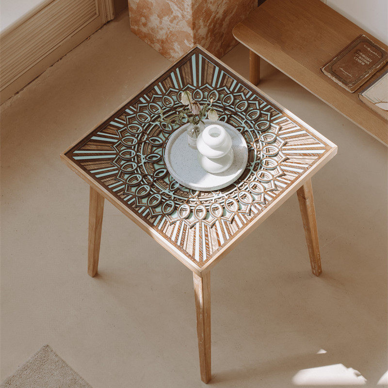 北欧实木叠雕方桌小户型餐桌日式民宿阳光房洽谈桌咖啡桌方形茶几,住宅家具,实木餐桌,淘宝优惠券,粉丝福利购,淘宝优惠卷