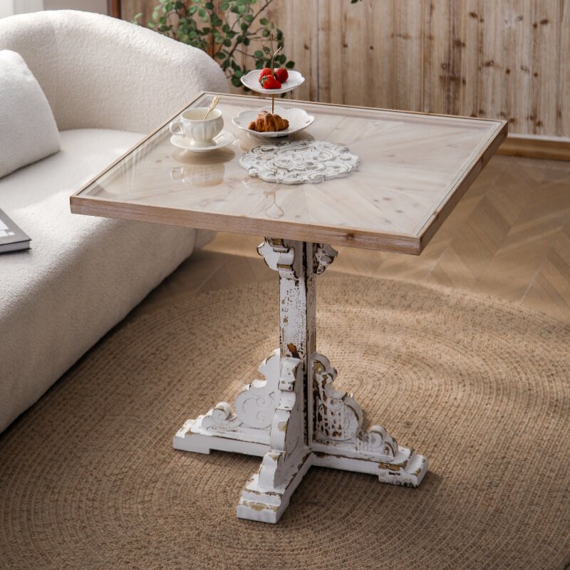 美式法式复古雕花方桌圆桌餐桌家用客厅阳台茶几休闲咖啡桌子做旧