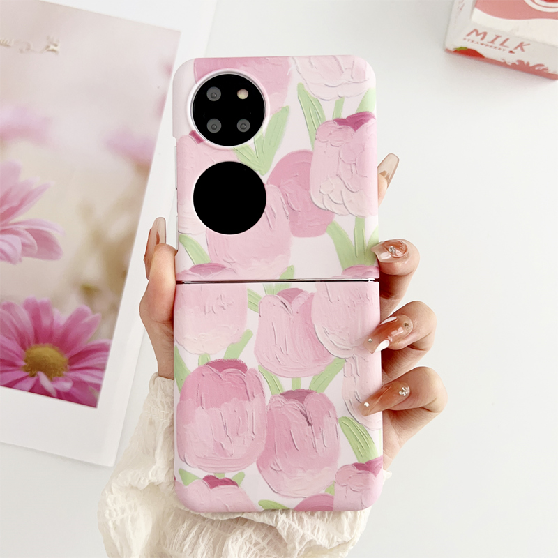 日韩ins粉郁金香适用华为P50 Pocket折叠屏手机壳新款华为p50pocket保护套女款p50全包防摔硬薄壳高级感液态