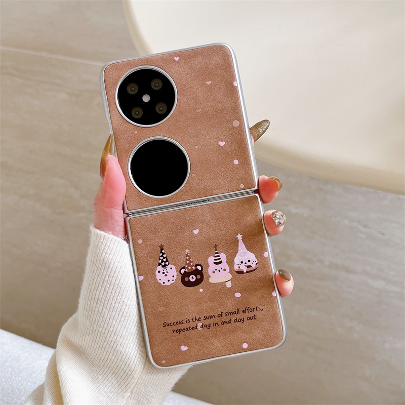 适用华为pocket2手机壳新款小折叠屏p50pocket翻盖保护套女款卡通波点小熊PocketS全包防摔p60皮质电镀高级感