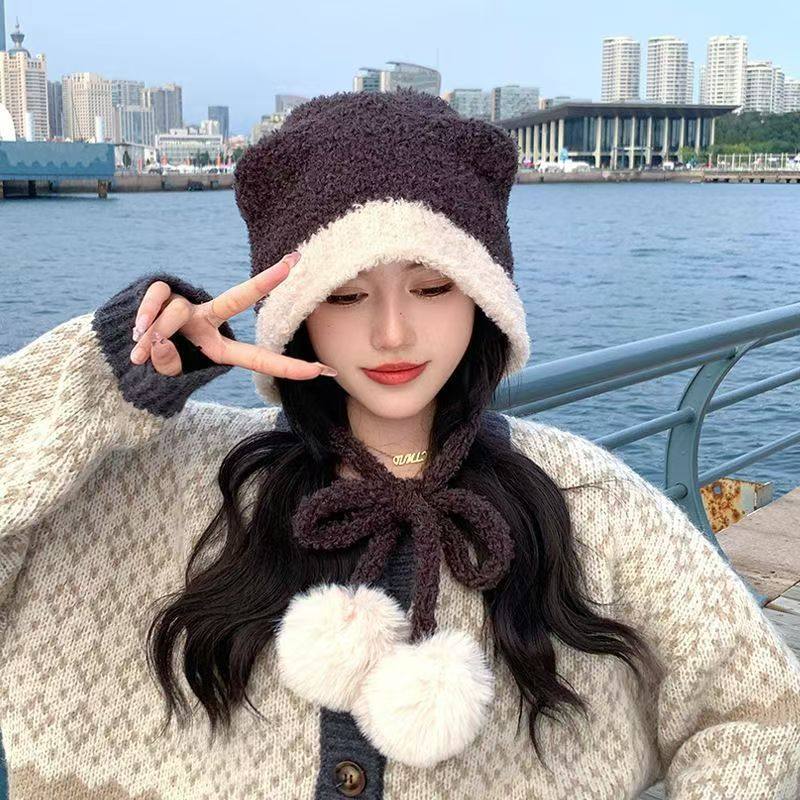 泰迪狗耳朵针织帽子女秋冬百搭绑带雷锋帽可爱护耳保暖毛线帽