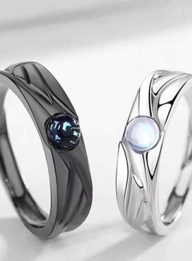 天使与恶魔情侣戒指黑白一对学生潮流开口指环复古琉璃月光石对戒