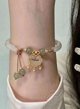 古风平安锁手镯女仿玉镯子一半手镯一半手链手饰新中式闺蜜手环