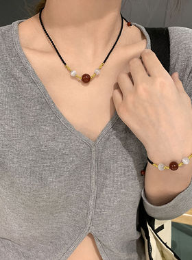 红玛瑙转运珠情侣编织绳项链女小众设计高级感锁骨链吊坠轻奢颈链