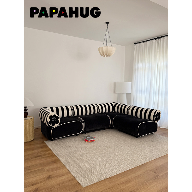 PAPAHUG 花花布艺沙发客厅三人位直排沙发豆腐块沙发中古转角