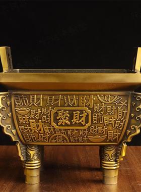 2026纯黄铜聚财鼎四足方鼎摆件家用百财鼎铜鼎金鼎香炉开业礼品