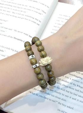 2026绿檀木古风文艺双圈莲花款带跑环手串木质文玩男女款手持手把