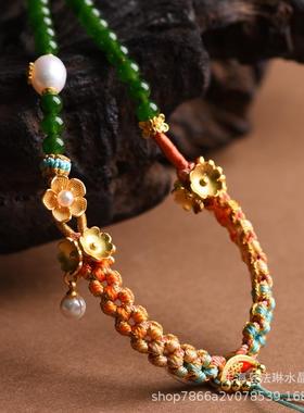 2026藏式小清新吊坠绳手工编织桃花结脖挂项链珍珠手绘唐卡扎基拉