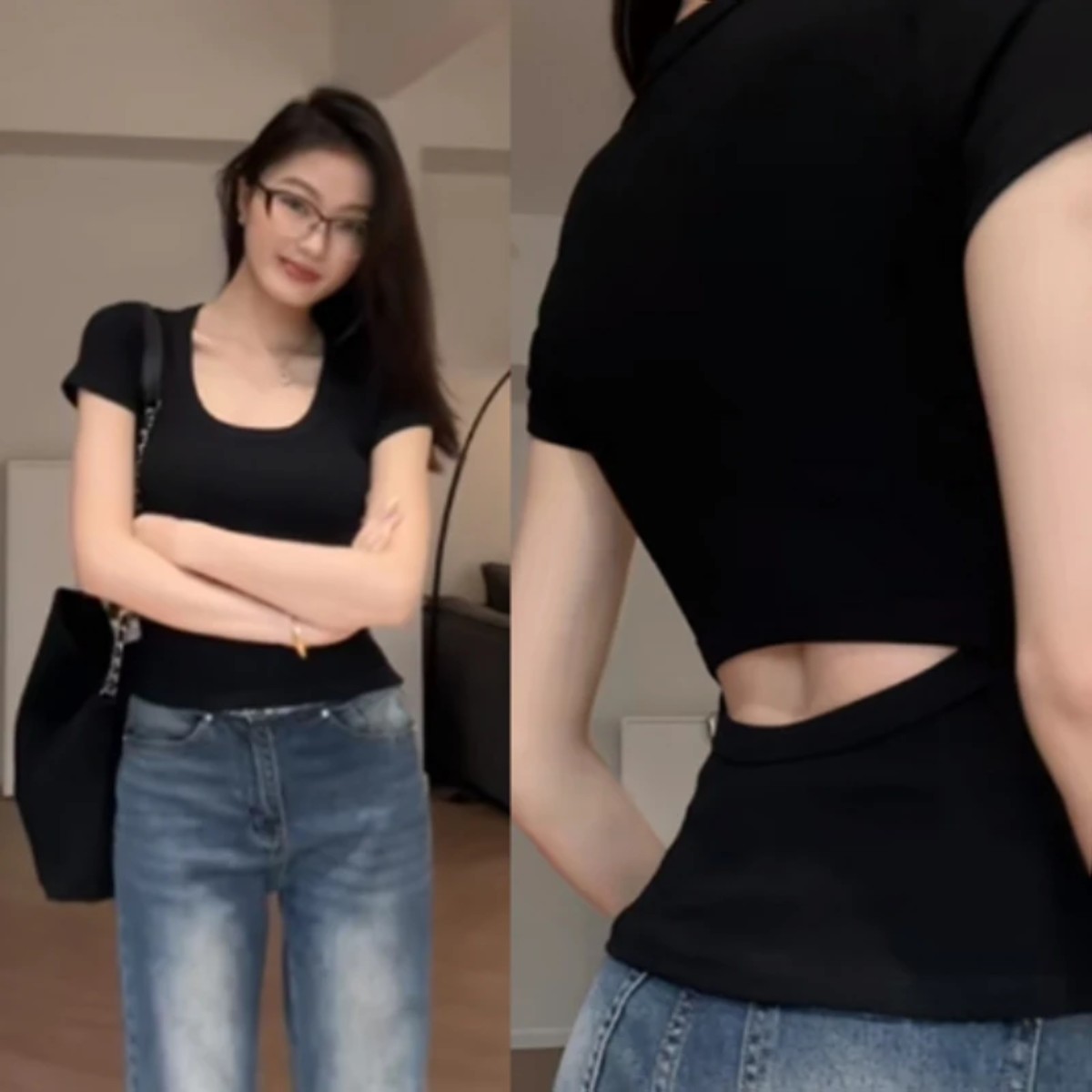 大码微胖mm美式辣妹后背镂空短袖T恤夏季修身显瘦弹力黑色打底衫