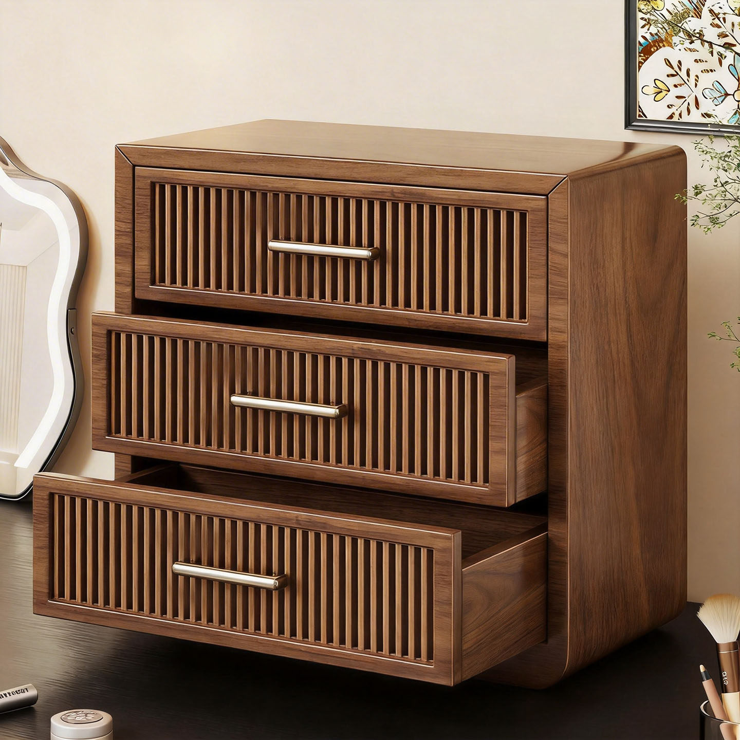 实木化妆品收纳层架家用化妆台抽屉式美妆收纳层架香水护肤品防尘
