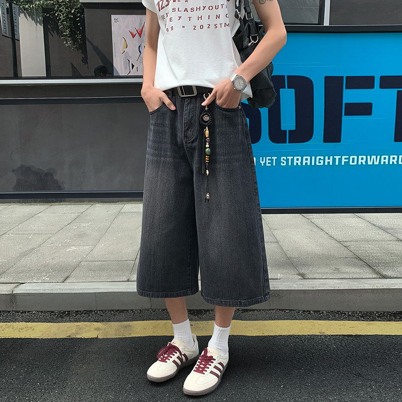 美式复古蓝牛仔短裤男夏季薄款oversize裤子宽松直筒阔腿七八分裤