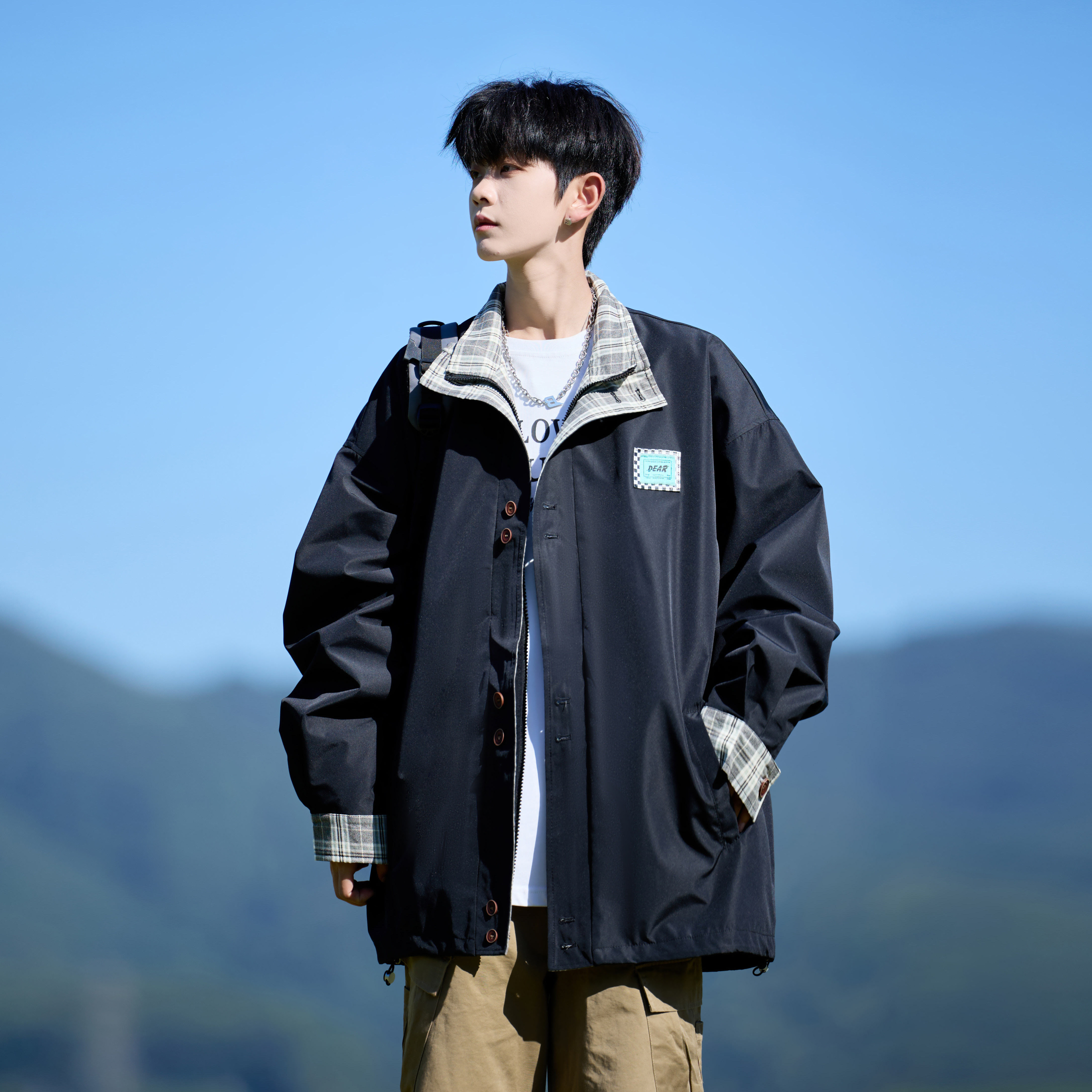 日系潮牌格子拼色痞帅棒球服外套男秋季美式休闲vibe翻领教练夹克