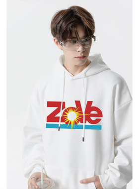 美式字母印白色连帽卫衣男士潮牌秋季宽松慵懒风百搭休闲帽衫外套