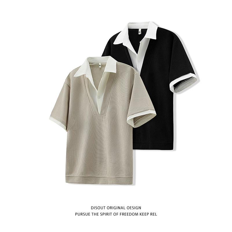 高级感撞色V领短袖衬衫男休闲2026夏季冰丝帅气宽松纯色中袖衬衣