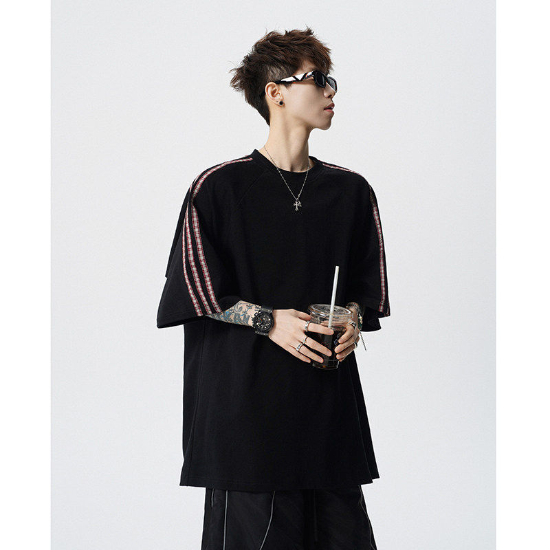 宽松版型春季男装美式撞色条纹短袖T恤男宽松休闲黑色圆领上衣潮