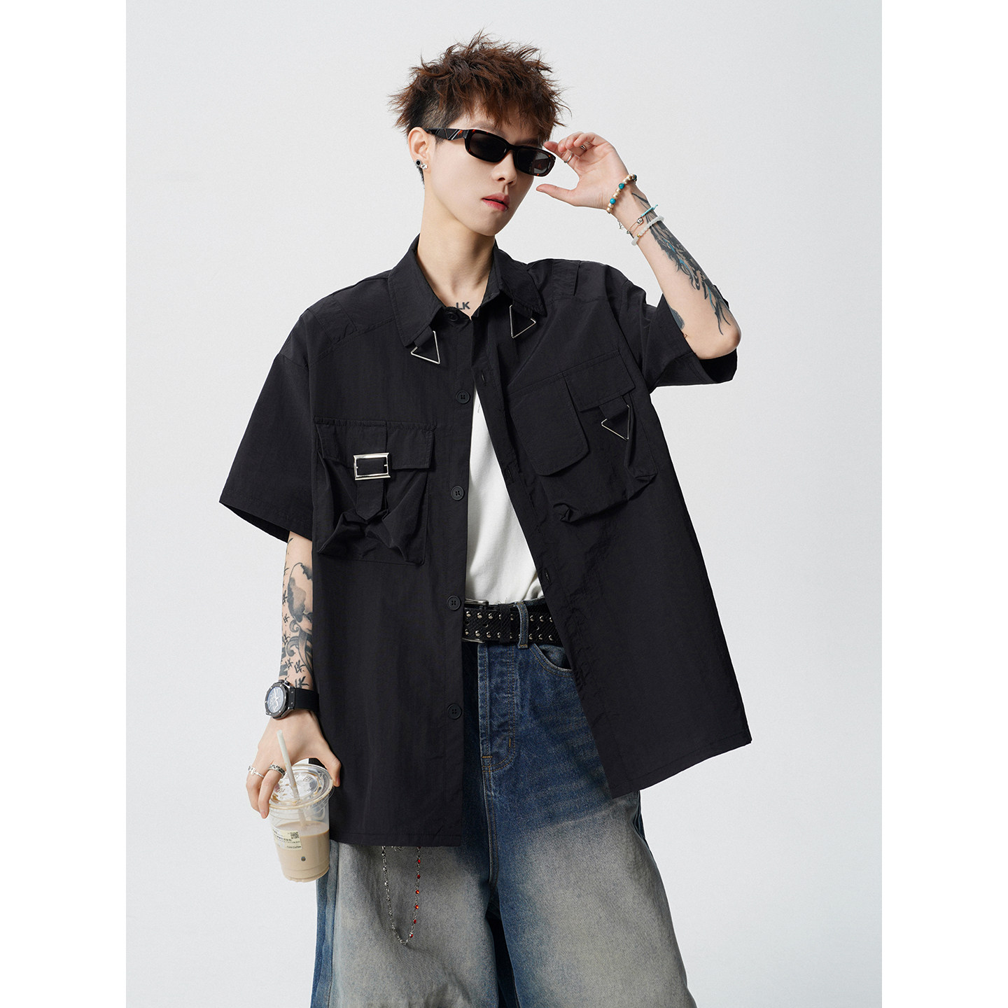 黑色工装短袖衬衫男高街机能风多口袋衬衣服夏季宽松痞帅上衣潮牌