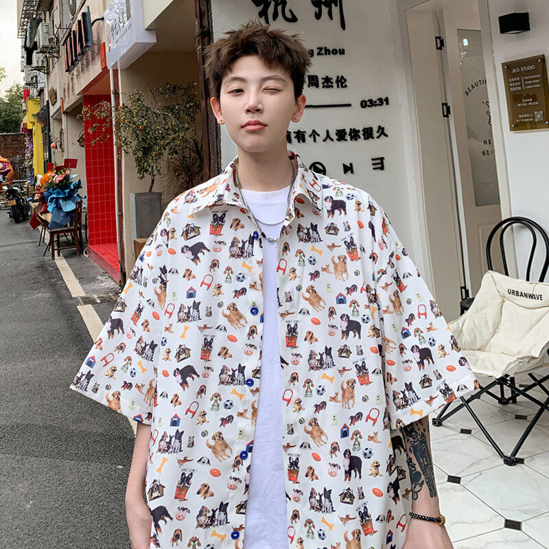 美式复古小狗满印衬衫男款夏季慵懒松弛感上衣度假风潮牌情侣外套