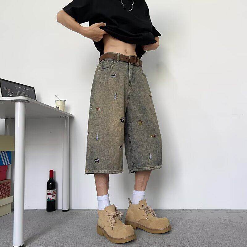 趣味小狗刺绣牛仔裤女男七分马裤