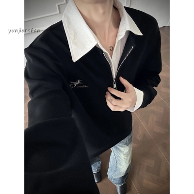 假两件拼接衬衫领美式复古卫衣男