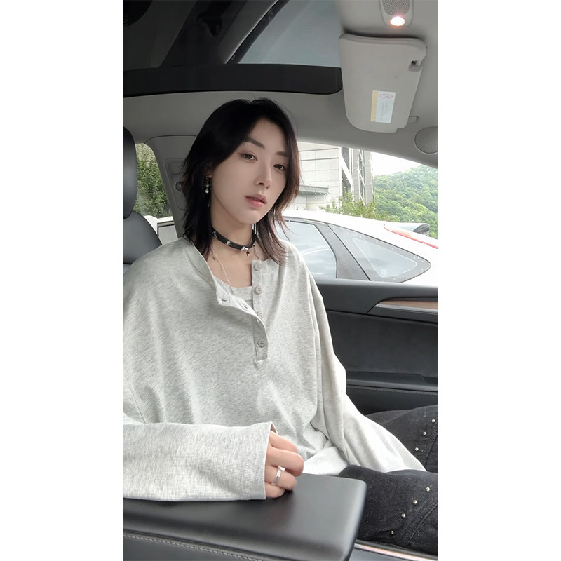 美式日系亨利领长袖t恤男春秋季华夫格卫衣潮牌高级感大码打底衫