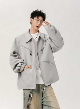 黑色复古设计感双拉链夹克秋季翻领美式休闲潮流简约外套男女装潮