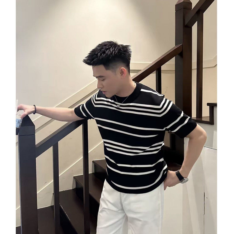 条纹撞色针织短袖T恤男修身百搭