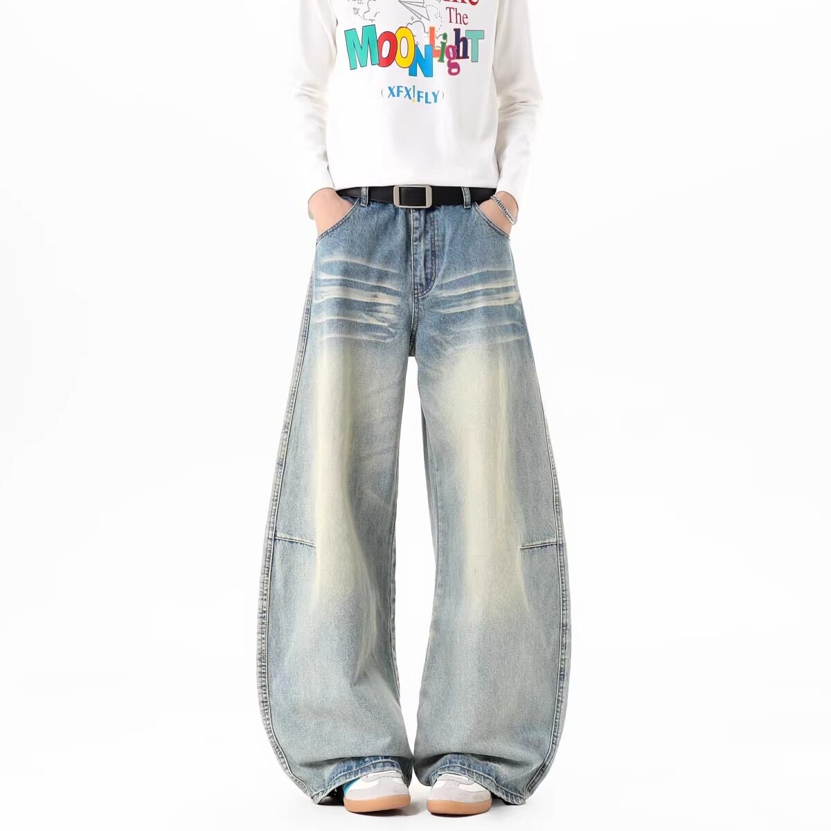 高个子加长美式复古刺绣弯刀牛仔裤男宽松显瘦直筒垂感拖地阔腿裤