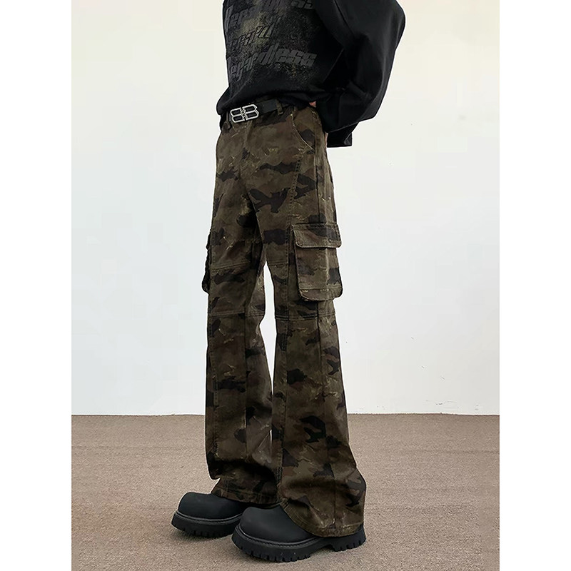 街头美式复古迷彩多口袋牛仔裤男女同款修身工装潮牌牛仔裤男款