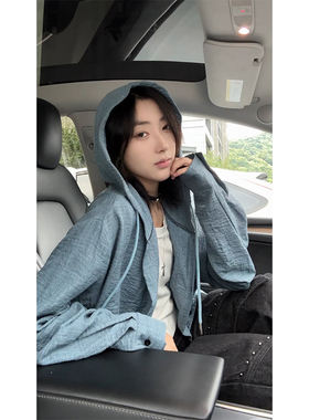 2025年秋新款日系连帽蓝色衬衫男女宽松慵懒风开衫衬衣外穿上衣潮