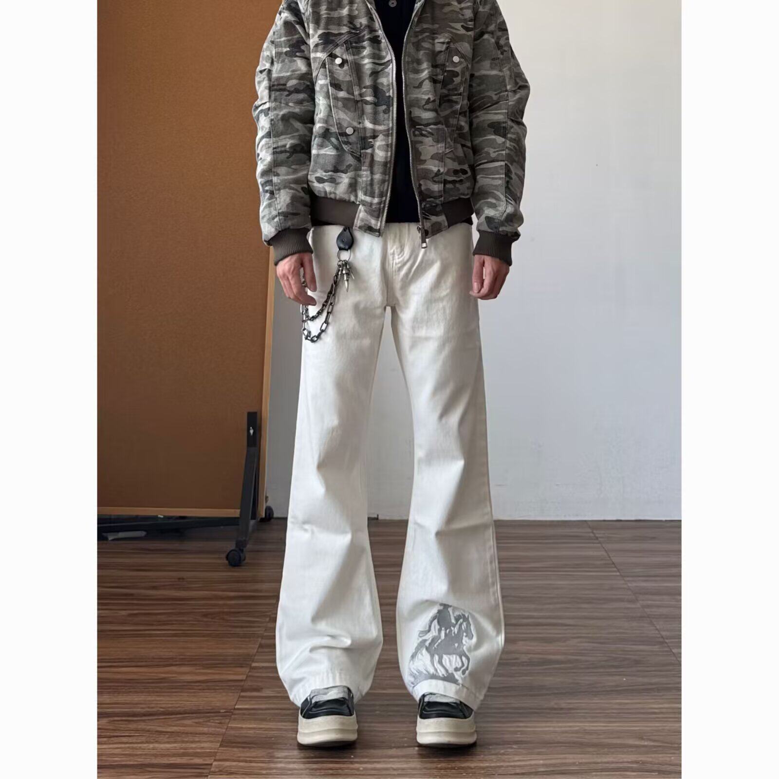 美式复古水洗战马刺绣白色微喇牛仔裤男女cleanfit宽松百搭长裤潮