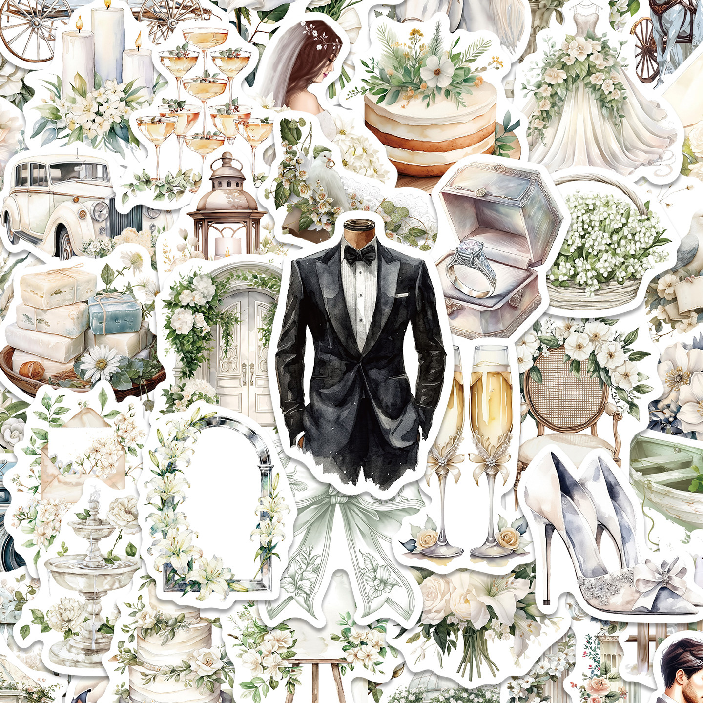 50张复古花卉白色婚礼贴纸浪漫婚礼秘境花艺手账日记装饰diy手机壳现场布置婚纱主题装饰贴,3C数码配件,笔记本个性小贴纸,淘宝优惠券,粉丝福利购,淘宝优惠卷