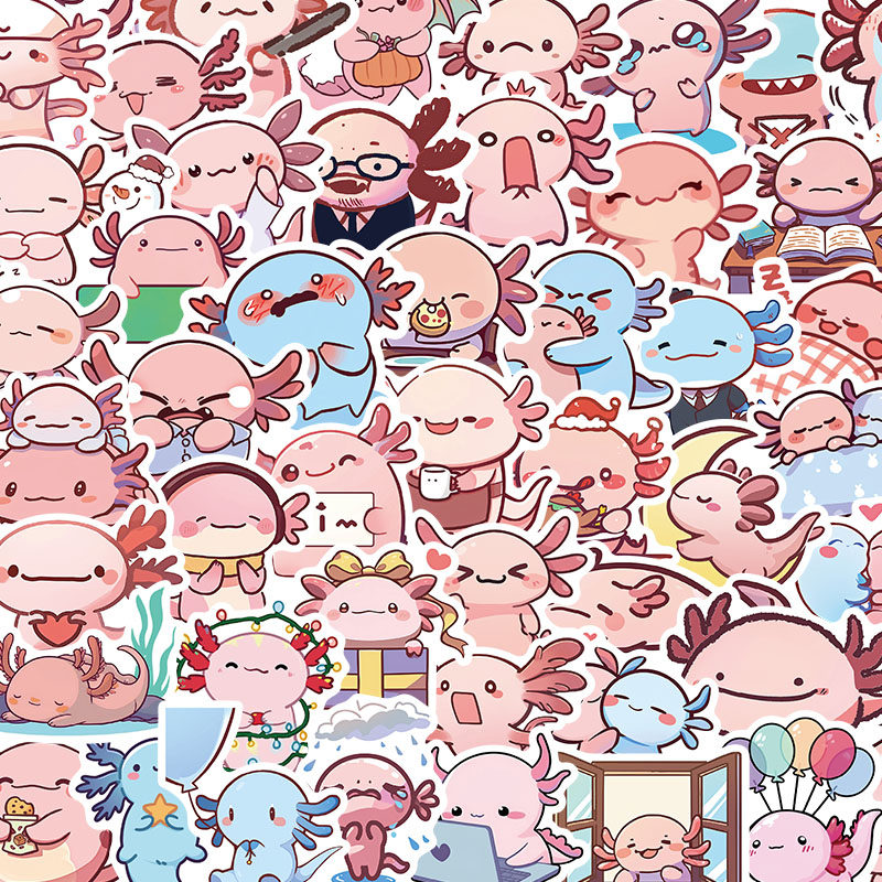 50张可爱有趣粉色蝾螈宝宝动物贴纸六角恐龙美西趣味装饰手帐ipad手机壳笔记本贴画