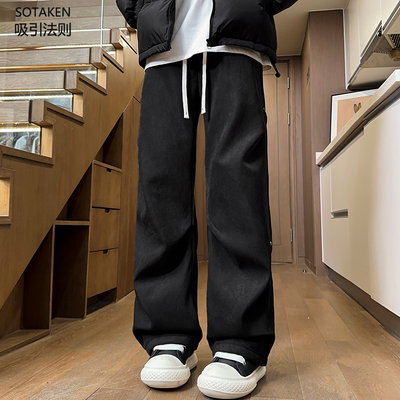 sotaken休闲裤男直筒加绒加厚松紧腰保暖宽松秋冬季情侣卫裤长裤
