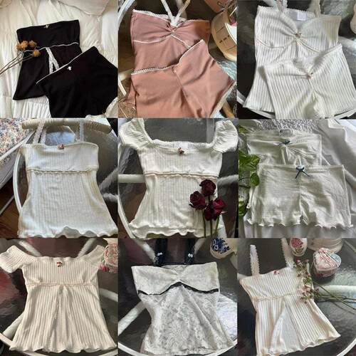 Chic Cute 2 Piece Set Y2K Fairy Coquette Lace Trim Crop ops