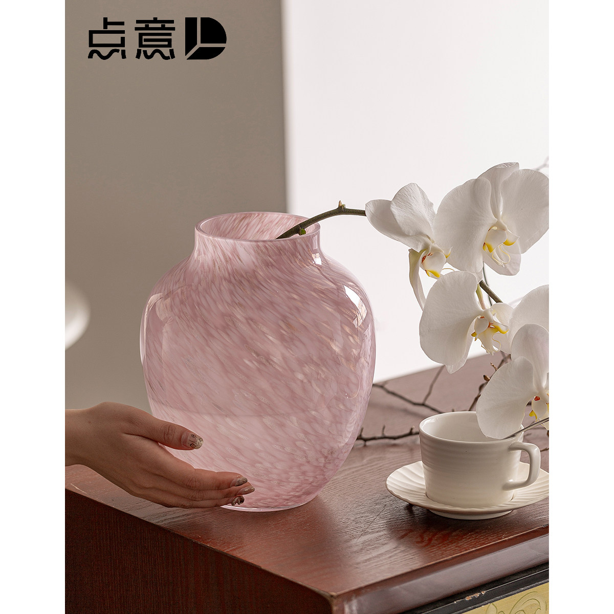 中古ins琉璃花瓶藕粉色蝴蝶兰鲜花水养郁金香餐桌精致高级感装饰