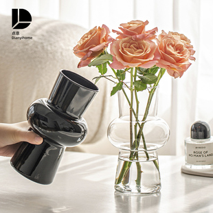 小众水培玫瑰摆件客厅插花小 花瓶玻璃透明黑色高级感复古中古法式
