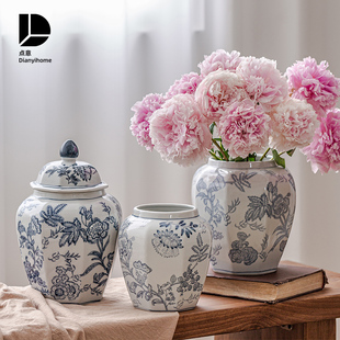 青花瓷花瓶摆件客厅插花高级感陶瓷水培鲜花景德镇中式 水培覆古大