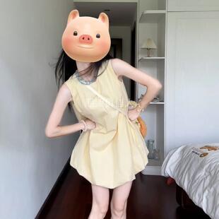 春款小个子黄色袖背心连衣裙子女海边度假蓬蓬裙花苞裙