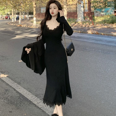 性感V领蕾丝拼接长袖连衣裙女秋季内搭配大衣小个子修身包臀长裙
