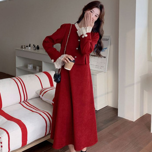 红色连衣裙女2026新款早秋假两件蕾丝拼接长裙小个子订婚长袖裙子