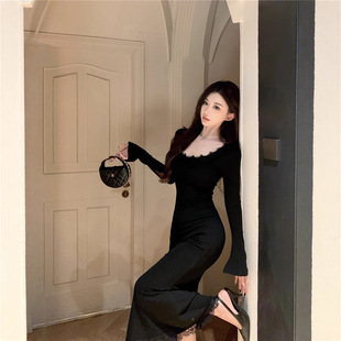 纯欲V领蕾丝拼接长袖 气质包臀裙 鱼尾连衣裙女秋冬温柔风收腰修身