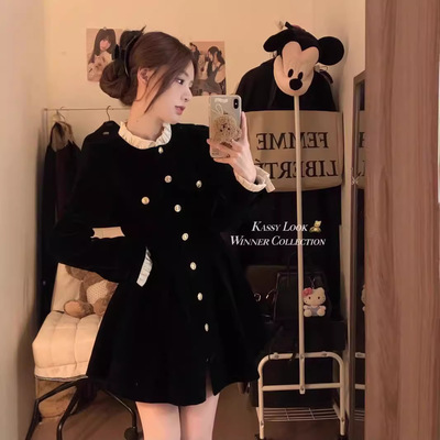 小个子黑色丝绒裙子秋冬季2025年