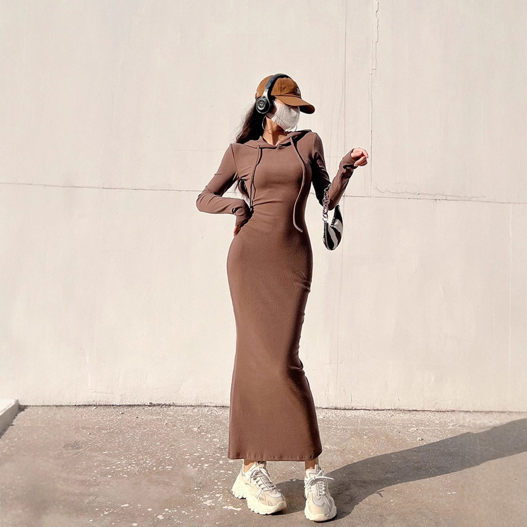 性感辣妹休闲女秋冬卫衣裙包臀过膝连衣裙女连帽长袖打底显瘦长裙