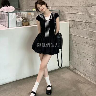 韩系学院风黑色假两件连衣裙女