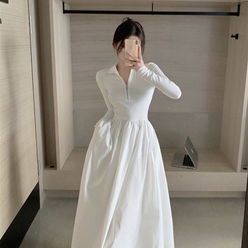 高级感法式黑色方领连衣裙女秋装新款设计感收腰气质长裙长袖裙子